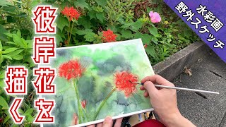【野外スケッチ】赤い絵の具は注意! 彼岸花を透明水彩で描く/描き方  つらら庵 Water color