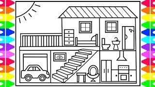 How to Draw a House for Kids  💚💙💜 House Drawing for Kids | House Coloring Pages for Kids