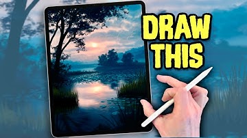PROCREATE Landscape Drawing Tutorial in EASY STEPS - TREE LAKE SUN