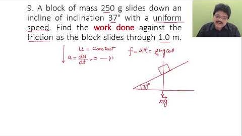 A block of mass 250 g slides down an incline of inclination 37° with a uniform speed. Find the work
