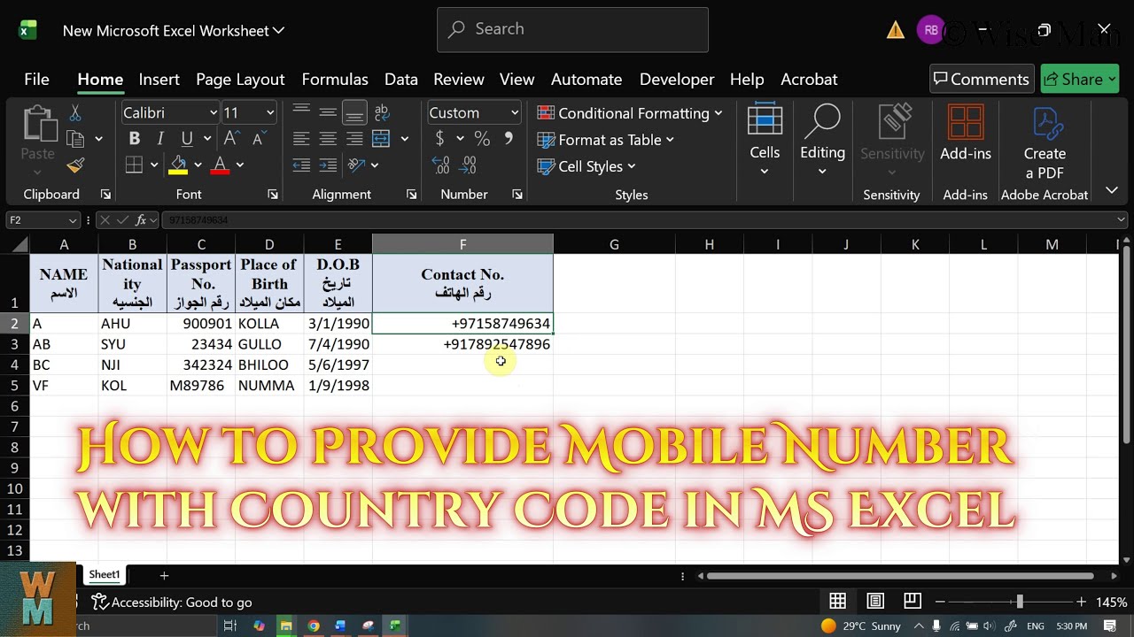 How to Provide Mobile Number with Country Code in MS Excel - YouTube