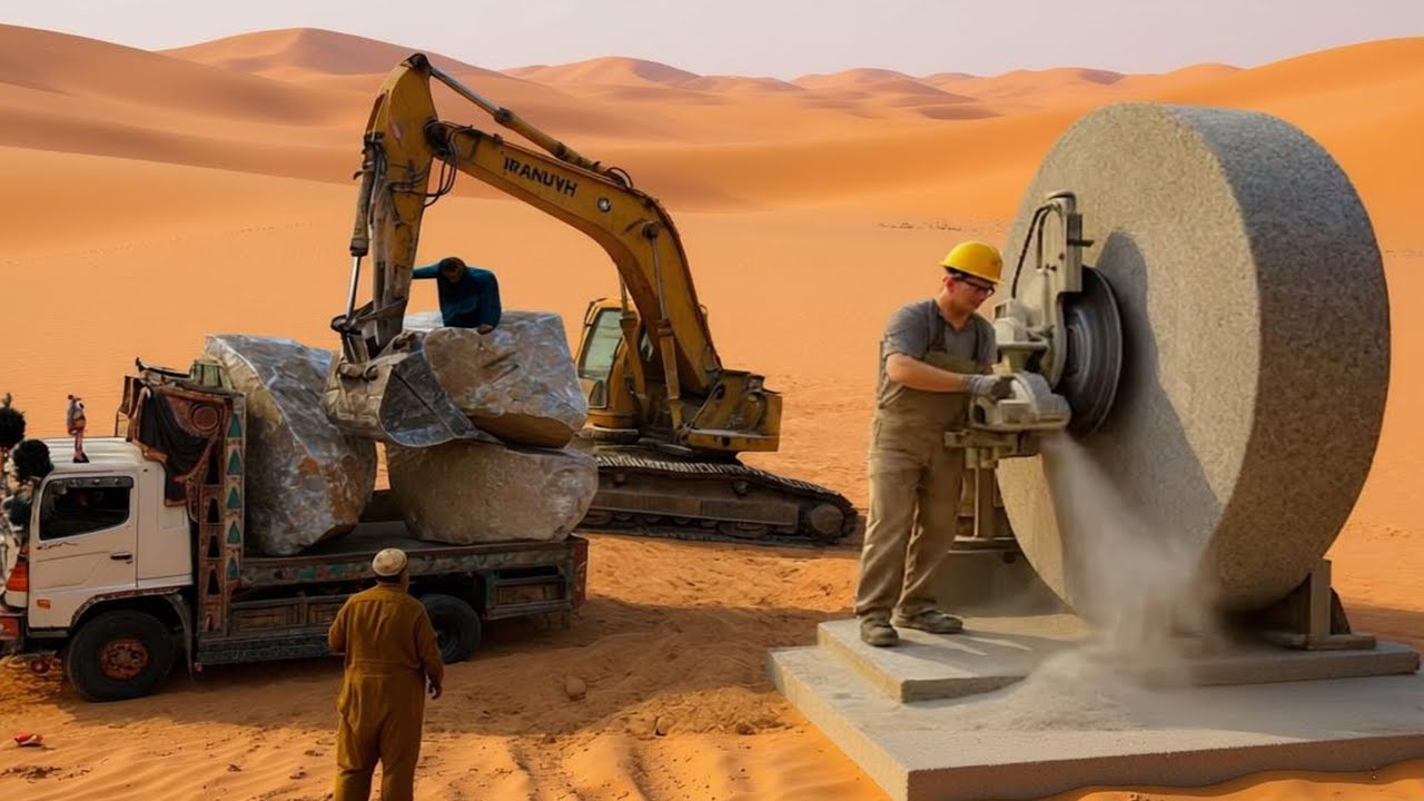Extreme Marble Factory Process | Two Trucks Handling Giant Stone Blocks with Precision Cutting
