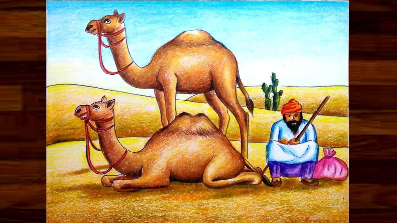 Desert scenery drawing with camel step by step / Camel scenery ...