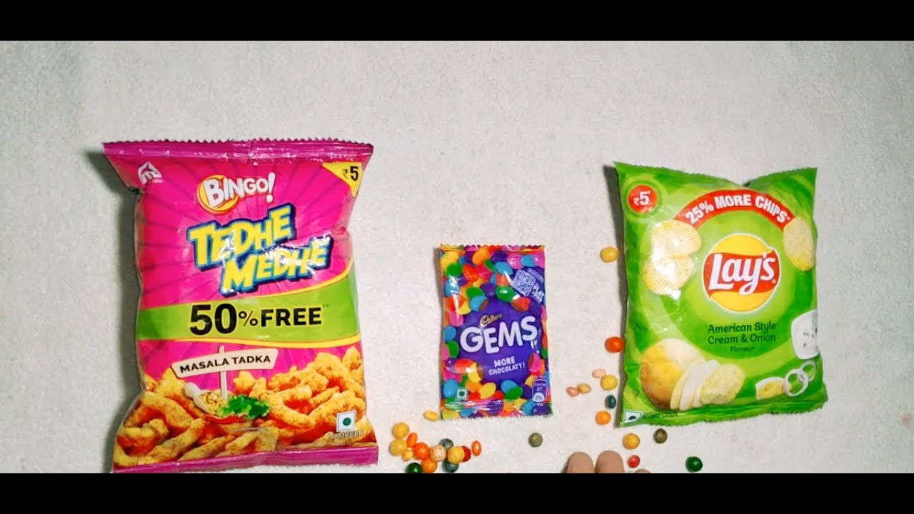 satisfying lays chips opening video vs gems and bingo tedhe medhe asmr