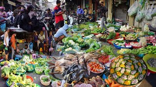 Cambodian Evening Food Market Scene - Plenty Fresh Vegetable, Fish, Pork & More Mouse In Market