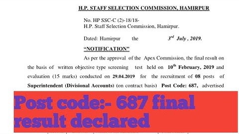 HPSSC final result for the post of Superintendent divisional Accounts (Post code-687)