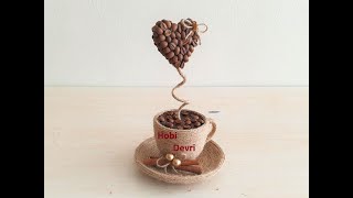 DIY Coffee Cup Decoration with Coffee Beans,Jute İdeas,Easy Home Decor,Kalpli Kahve Fincanı Yapılışı