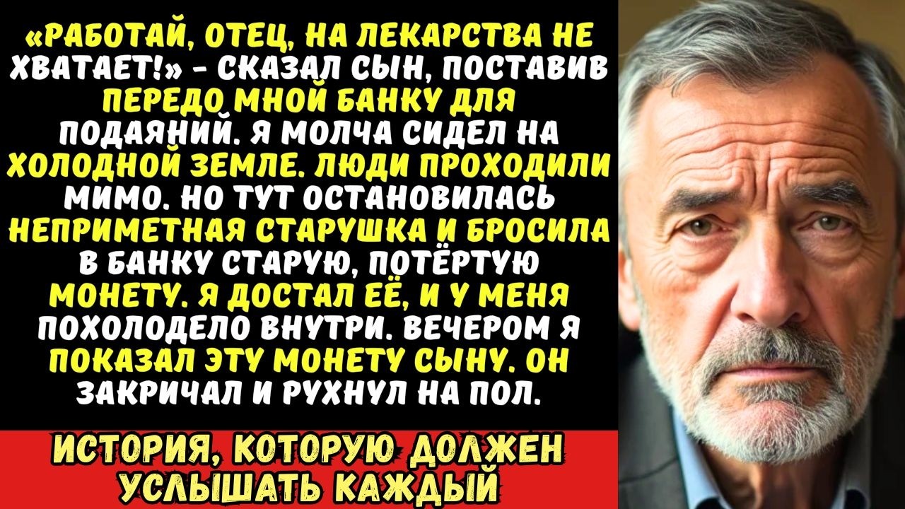 Сын заставил меня просить милостыню. Но тут одна старушка бросила в банку странную монету…