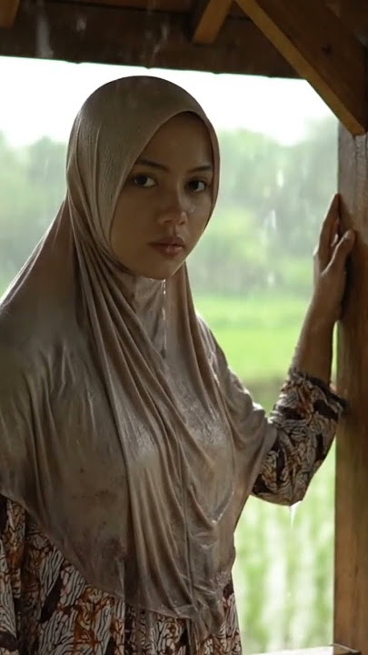 Cewek cantik basah termenung kedinginan karena hujan #hijab #hujan #cantik