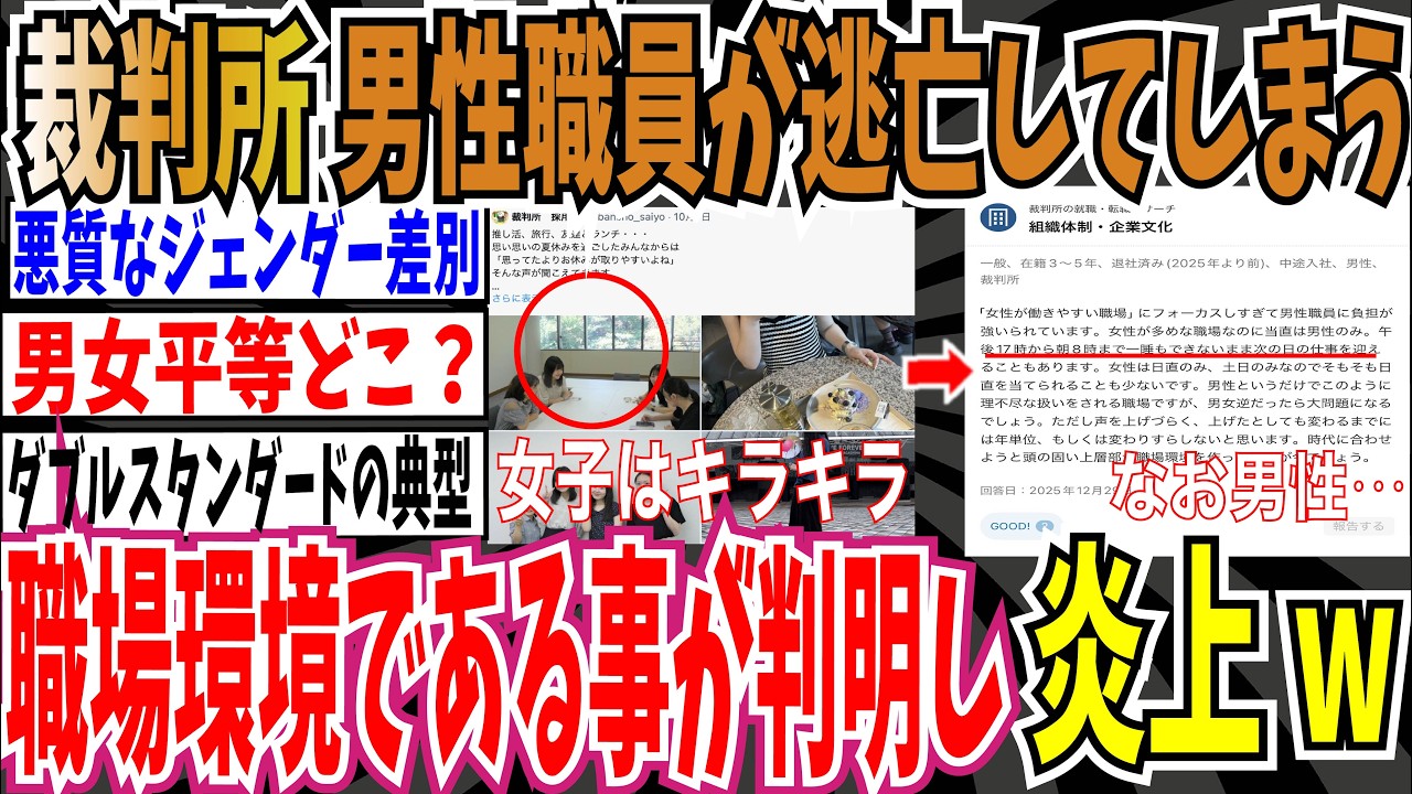 【男女平等】キラキラ裁判所さん、男性職員が逃亡してしまうえぐい男性差別な職場環境である事が判明し、炎上w【ゆっくり ツイフェミ】