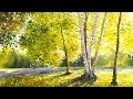 Yellow autumn birch forest watercolor painting