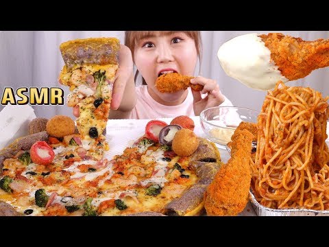 ASMR Mukbang｜Eating shrimp chicken pizza and Korean spicy chicken with cheese balls and spaghetti