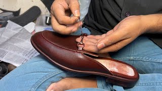 Process of Making Hand Made Leather Loafer Mules. Indian Hard Working Genuine Leather Shoe Maker.