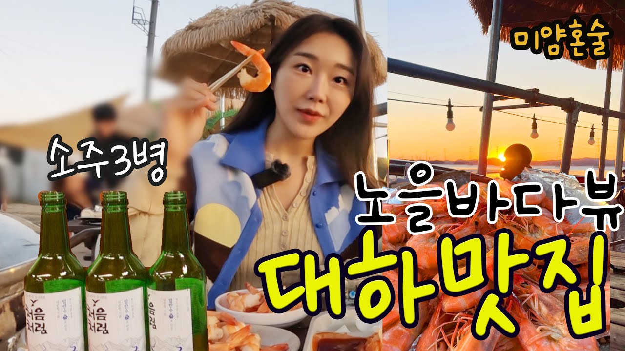 혼술)오션뷰 대하맛집에서 소주세병, 노을이랑 분위기에 취한다/야장혼술 - YouTube