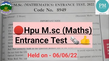 Hpu Msc Maths Entrance 2022/answer key//solved paper 👍🗞️