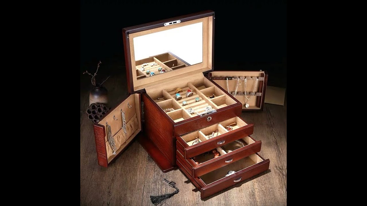 Large Women Wooden 4 Layers Jewelry Box, Built-in Mirror and Lock