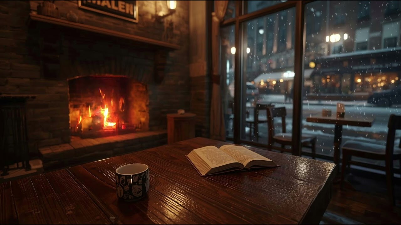 Snowy Night Café Ambience ☕ Fireplace & Soft Jazz for Study, Work & Sleep (No Ads)