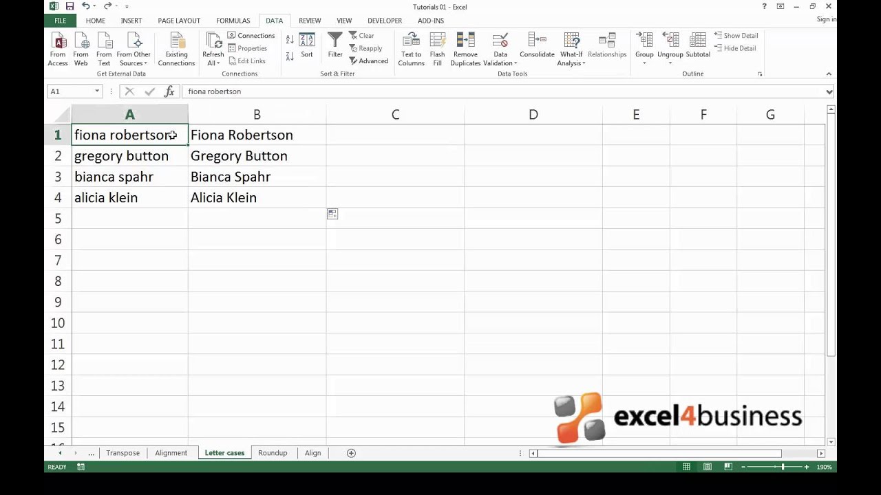 How to Change Case in Excel 2013 Using PROPER, LOWER, UPPER YouTube