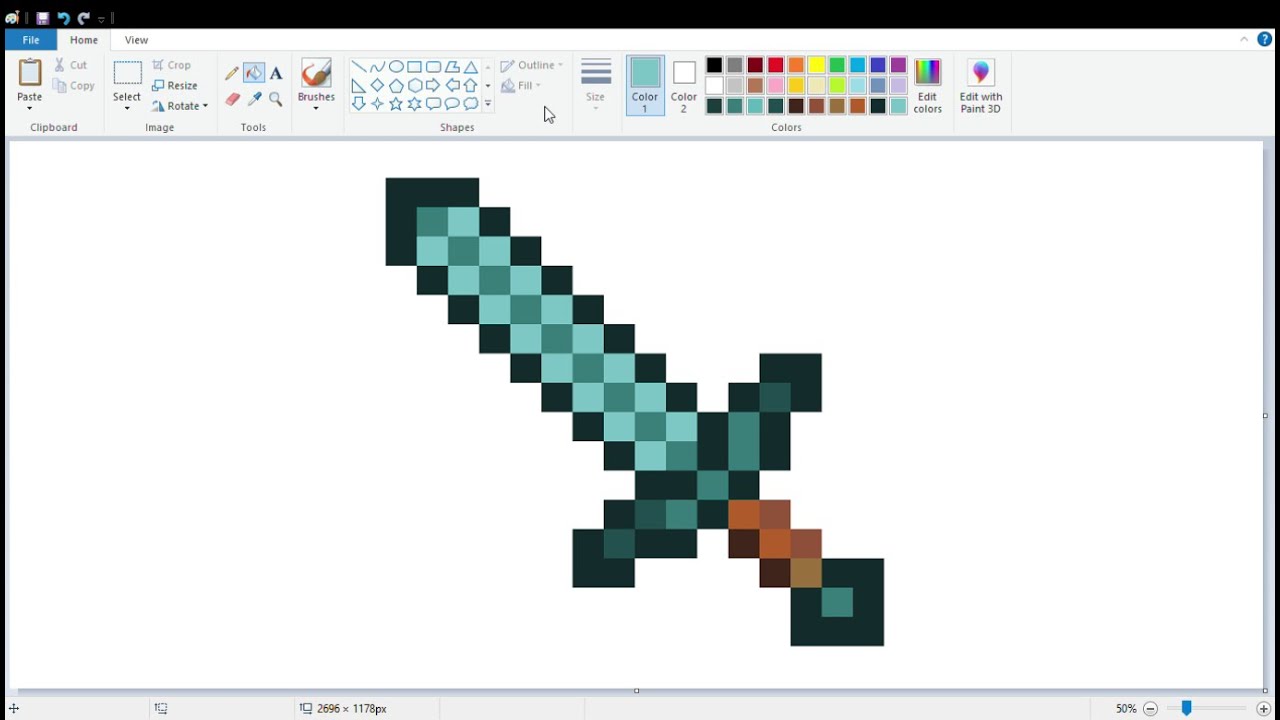 How To Draw Minecraft Diamond Sword In Ms Paint Step By Step Drawing Tutorial Very Easy Youtube