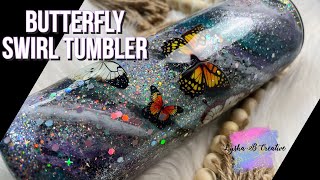 Butterfly swirl tumbler design, glitter ombre swirl, tumbler tutorial, epoxy tumbler design