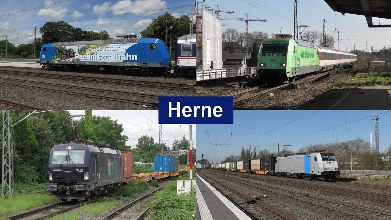 Bahnverkehr in Herne mit RE3 Ersatzzug, Werbeloks, Eurocity, Br111, Br182, ICEs, Güterzügen, TCS uvm