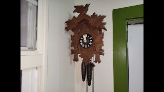 Did this Black Forest Cuckoo Clock fall off the wall?
I worked on this clock a year or so ago and didnt remember it. The case was waxed and felt protected with the use of Howard Feed-n-Wax. I had to repair the topper and refresh the oil on the movement because why not if I had the clock back.
You can contact me at
email: justmike2575@gmail.com
Here I do most of my work on clocks. Mainly cuckoo clocks, yet I am always looking for the unusual and eye catching clocks. Some of the clocks I get into are ones that need saved from the dump. They fell off the wall from not securing the clock to the wall using the stud behind the sheetrock. Some of the clocks were laid to rest out in the garage or barn and I except the challenge of getting them back together again.
A well loved clock at one time is one that has a lot of wear and you find old bushings that might need to be replaced. Did this Black Forest Cuckoo Clock fall off the wall?