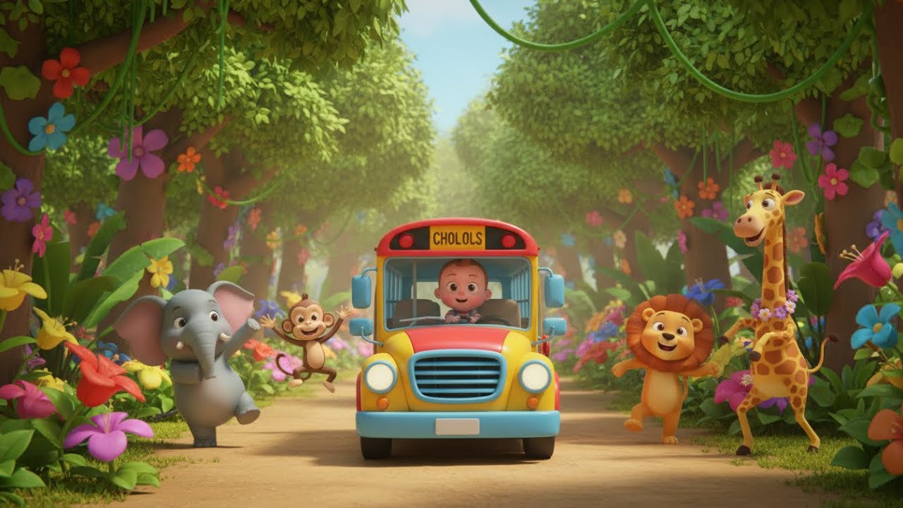 Bus Wheels in the Jungle Ride Song for Kids | Learn Vehicles & Jungle Animals Sing-Along Nursery