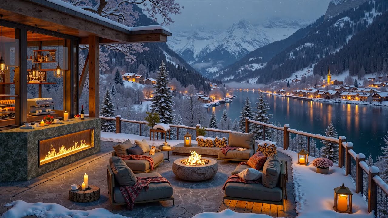 Warm Winter Jazz by the Cozy Fireplace ❄️Snowy Café Terrace Retreat | Relaxing Jazz for Focus & Work
