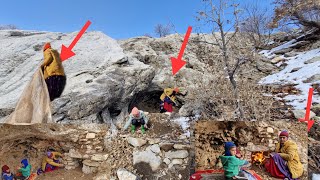 A Nomadic Mother Builds a Fireplace in a Rocky Cave to Keep Her Children Warm