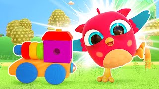 Hop Hop plays with a toy train. Learning toys \& baby cartoons for kids. Cars \& trains for kids.