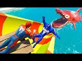 Gta 5 water slides  spiderman vs blue venom vs spider shark  water ragdolls euphoria physics
