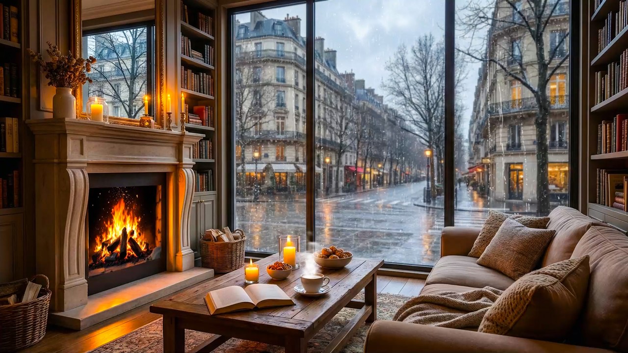 Tranquil Rainy Coffee Shop ☕ Gentle Jazz & Crackling Fireplace Sounds for Study & Work