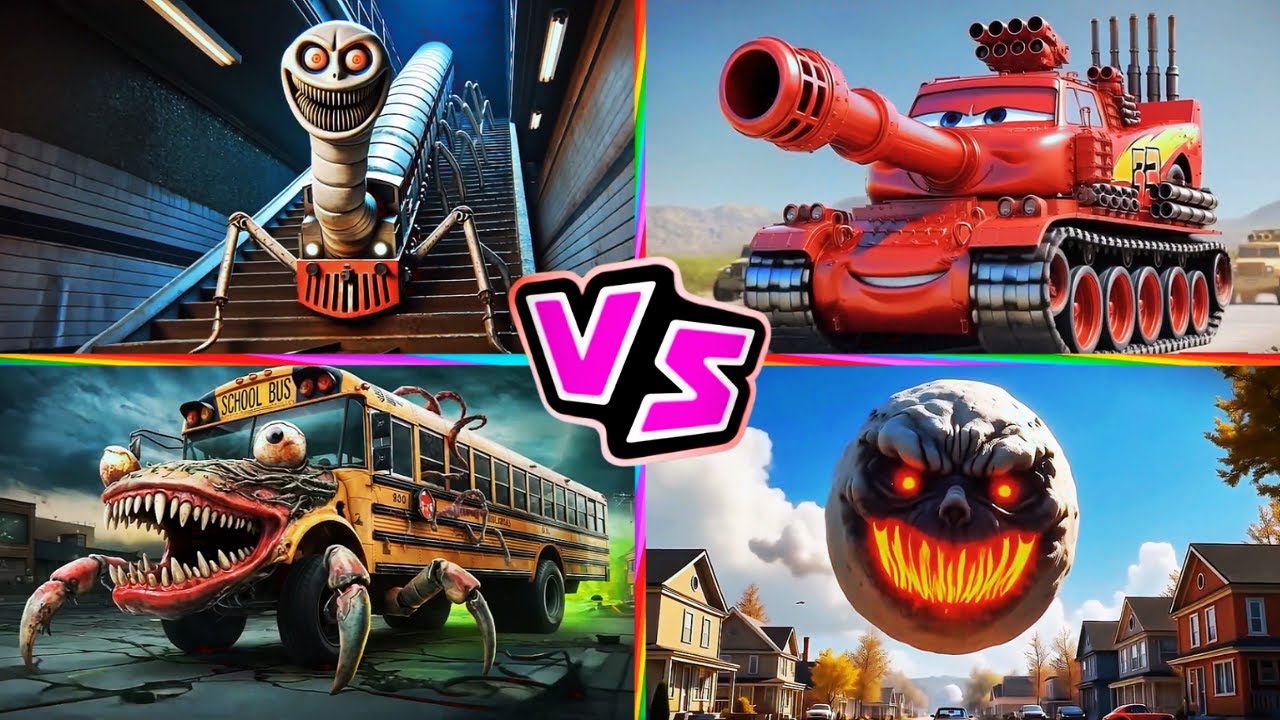 Thomas Train 🆚 McQueen Tank 🆚 School Bus 🆚 Lunar Moon 🎶 Tiles Hop EDM Rush