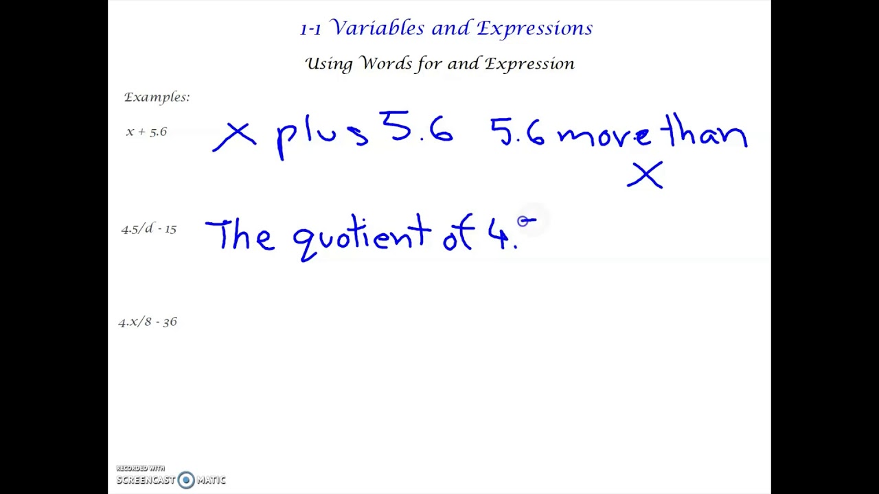 1-1 Variables and Expressions - YouTube