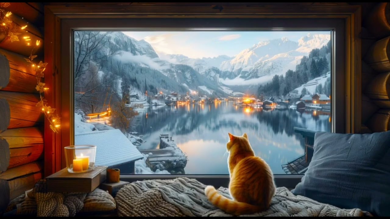 Cat by the Window with a Scandinavian Forest | Light Music & Fireplace Crackle for Relaxation