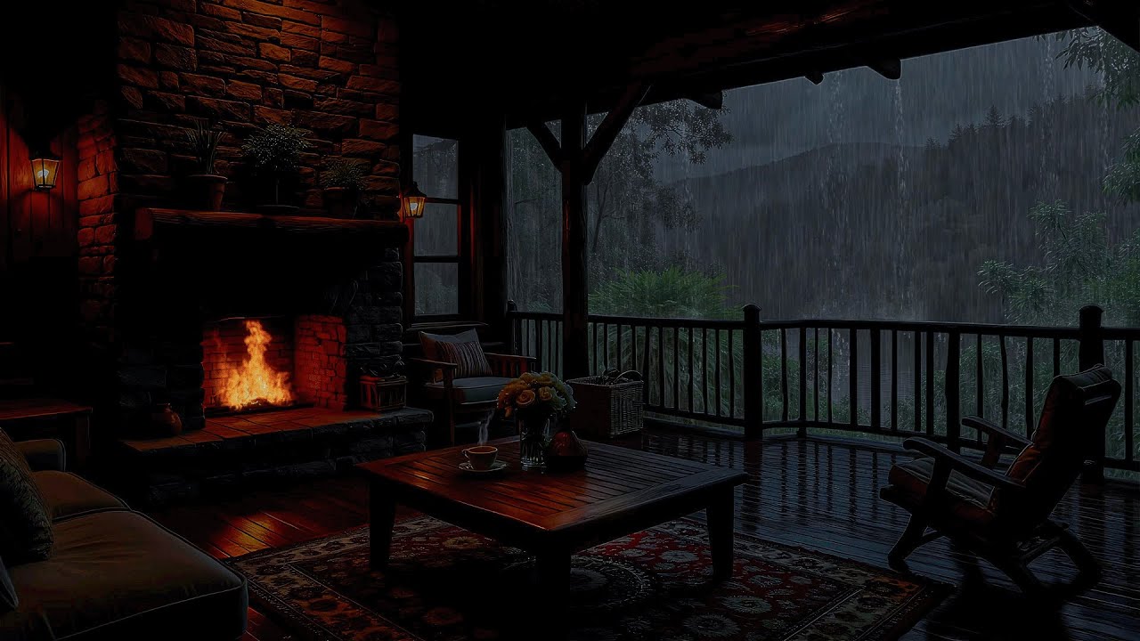 Fireplace Sounds for Studying & Relaxing 🌩️ Stress Relief with Heavy Rain & Thunder on Balcony