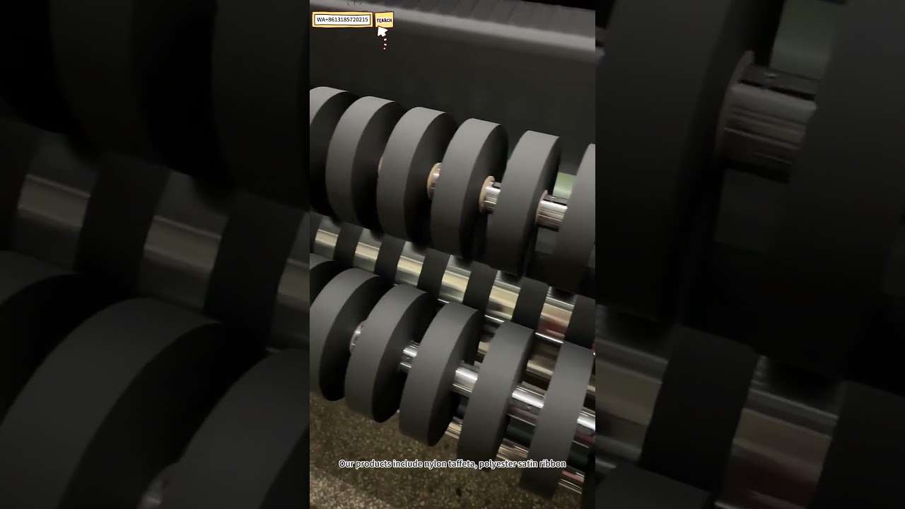 Black polyester taffeta ribbon production slitting display #manufacturer #ribbon #customizable