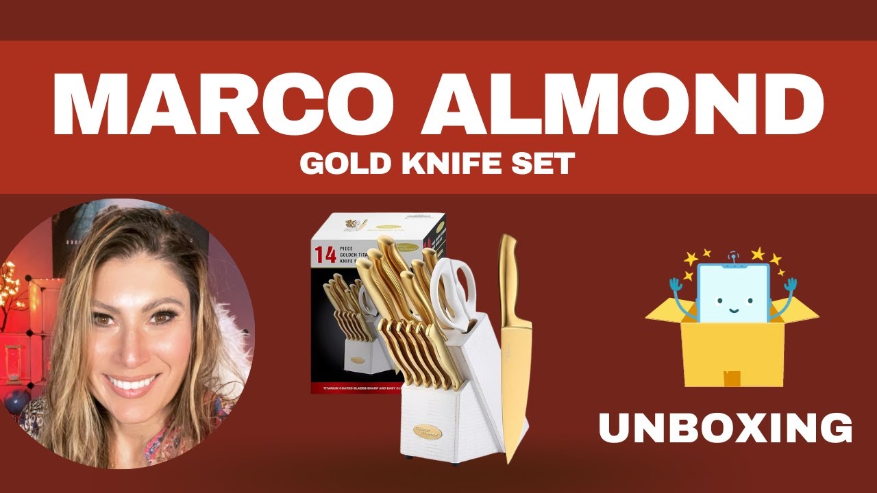 Gold Knife Set - Marco Almond® Knife Block Set MA21,Titanium Coated 14  Pieces Stainless Steel Chef Gold Kitchen Knife Sets with White Block
