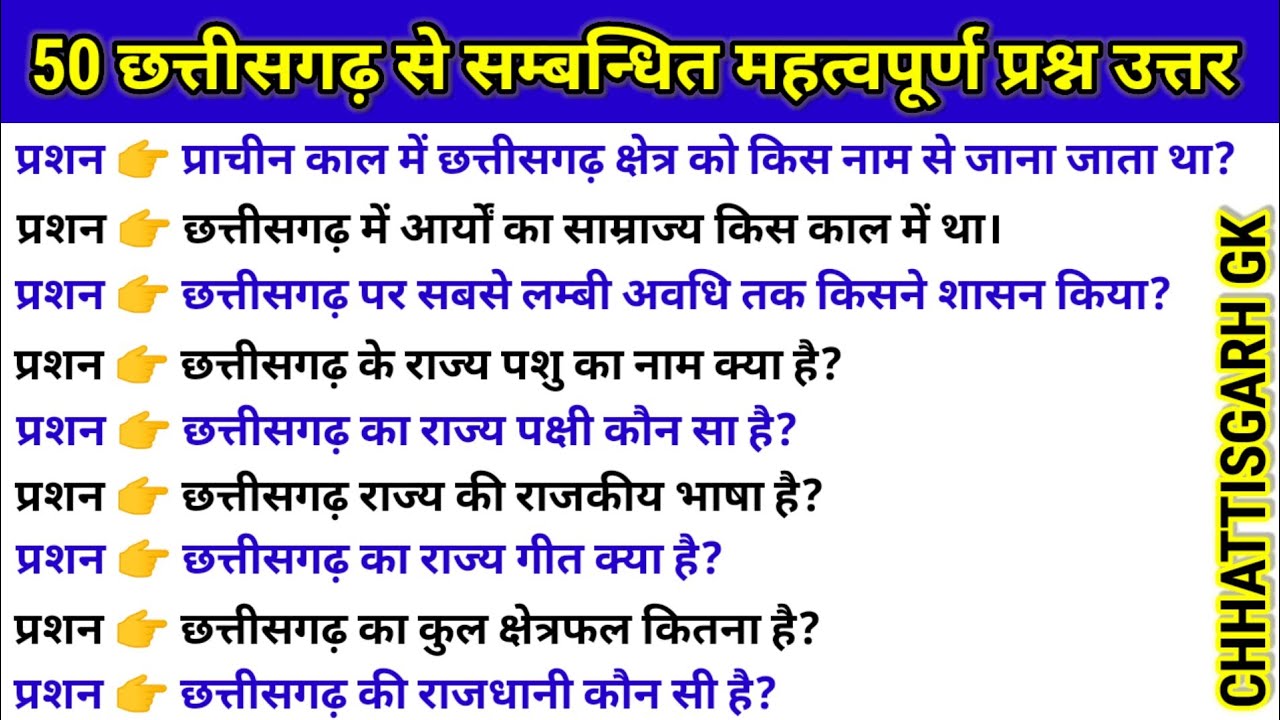 Top 25 : Chhattisgarh Gk Questions And Answers।। छत्तीसगढ़ से सम्बन्धित महत्वपूर्ण प्रश्न उत्तर 