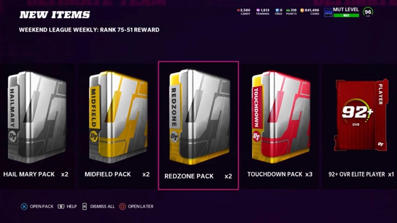 Open top 50 Weekend league rewards madden22 ultimate team