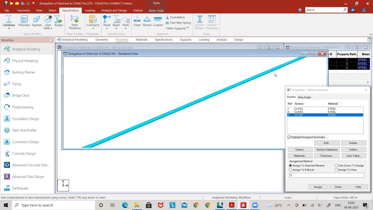How to find elongation of steel bar subjected to axial tension in STAAD