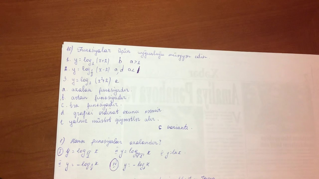 DİM 10-cu sinif testi. 9.4 Loqarifmik Funksiya