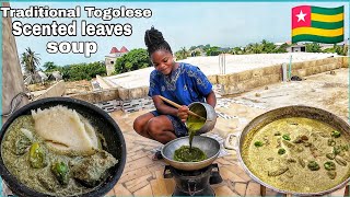 MOUTHWATERING TRADITIONAL TOGOLESE MEDICINAL SCENTED LEAVES GREEN SOUP WITH CASSAVA FUFU.