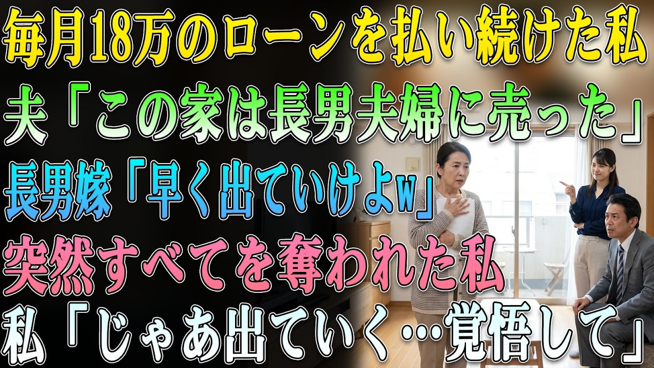 家のローンを毎月18万払い続けている私に夫「この家は長男夫婦に売った！」長男嫁「早く出ていけ！w」→私「じゃあ出ていく（覚悟しろよ）」【スカッとする話】#老後の物語 #家族の物語 #動エピソード