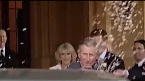 Prince Harry throwing confetti at King Charles at Camilla's wedding