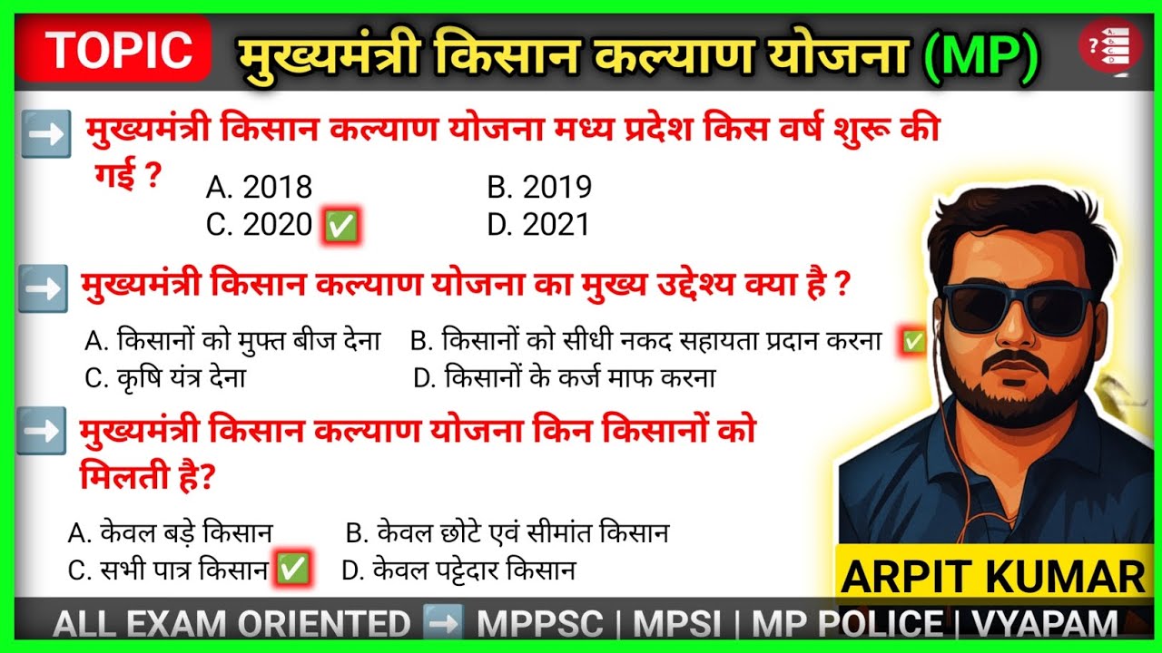 Mukhyamantri Kisan Kalyan Yojana MCQs | MP Govt Schemes | GK by Arpit Kumar