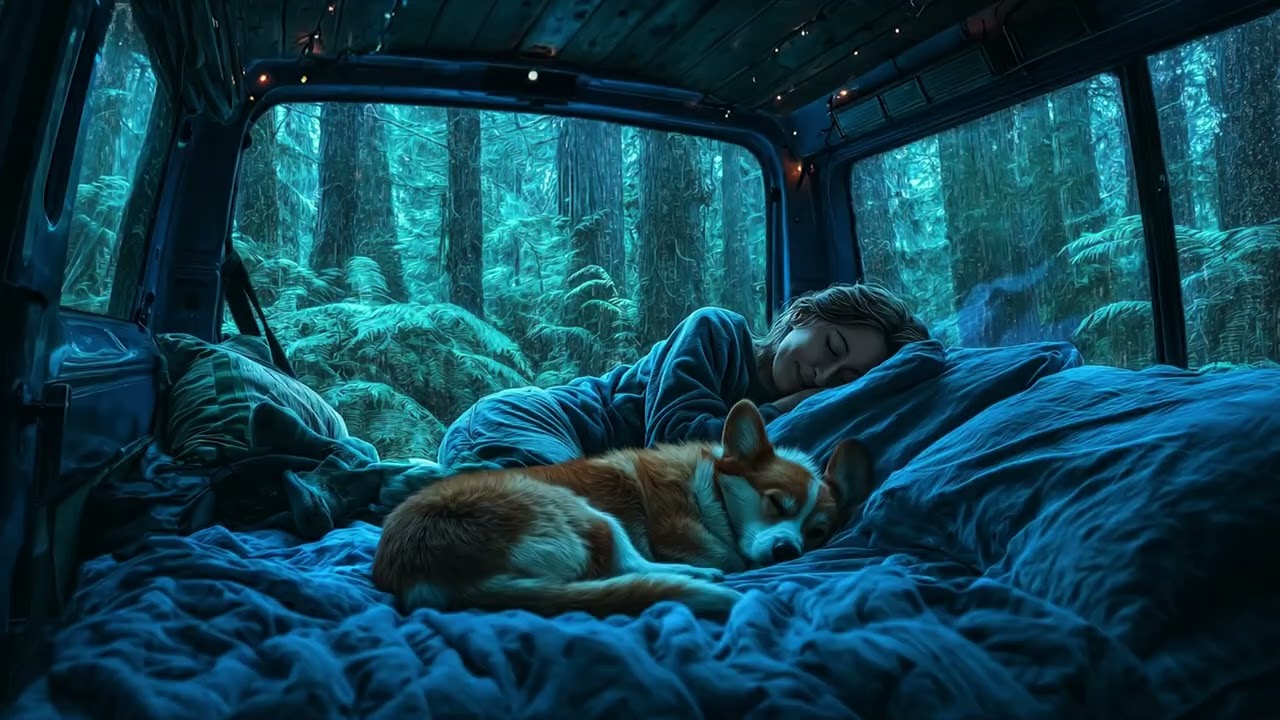 Rainstorm in the Dark Woods 🌧️ Couple & Sleeping Dog in Camper Van 🚐