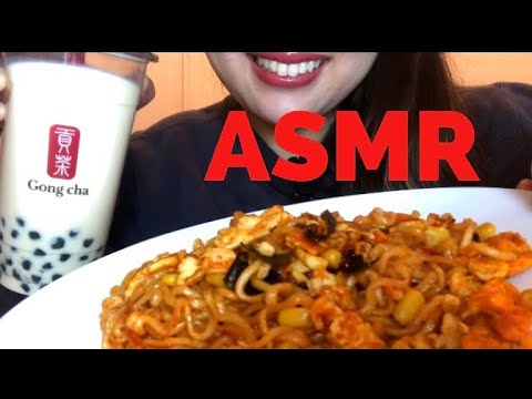 [ASMR 咀嚼音] *激辛 ノグボナーラとゴンチャタピオカモッパン 너구보나라 Korean Spicy Noodle & Tapioca Milk Tea