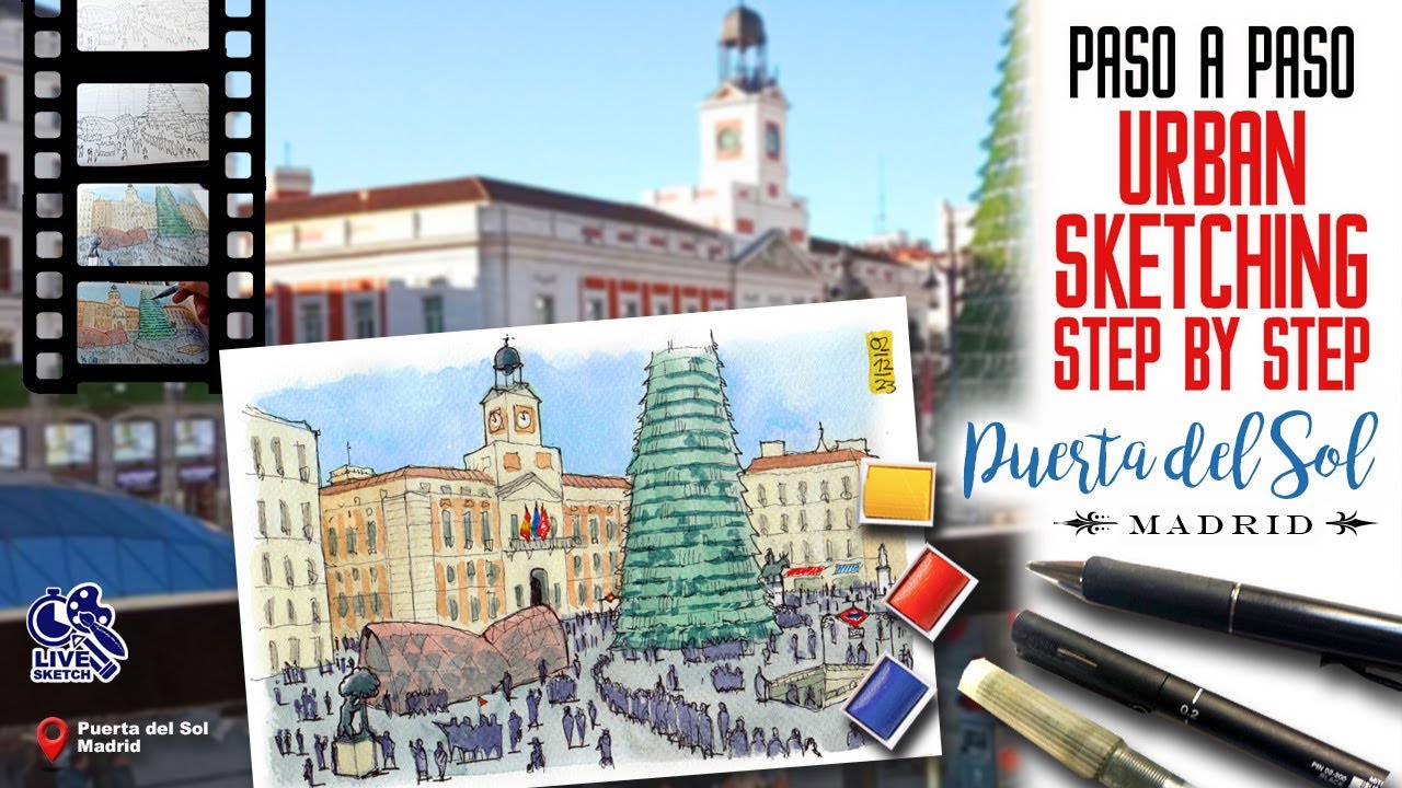 Dibujo de la Puerta del Sol☀️ de Madrid paso a paso. Live sketch in Madrid step by step. Learn how!