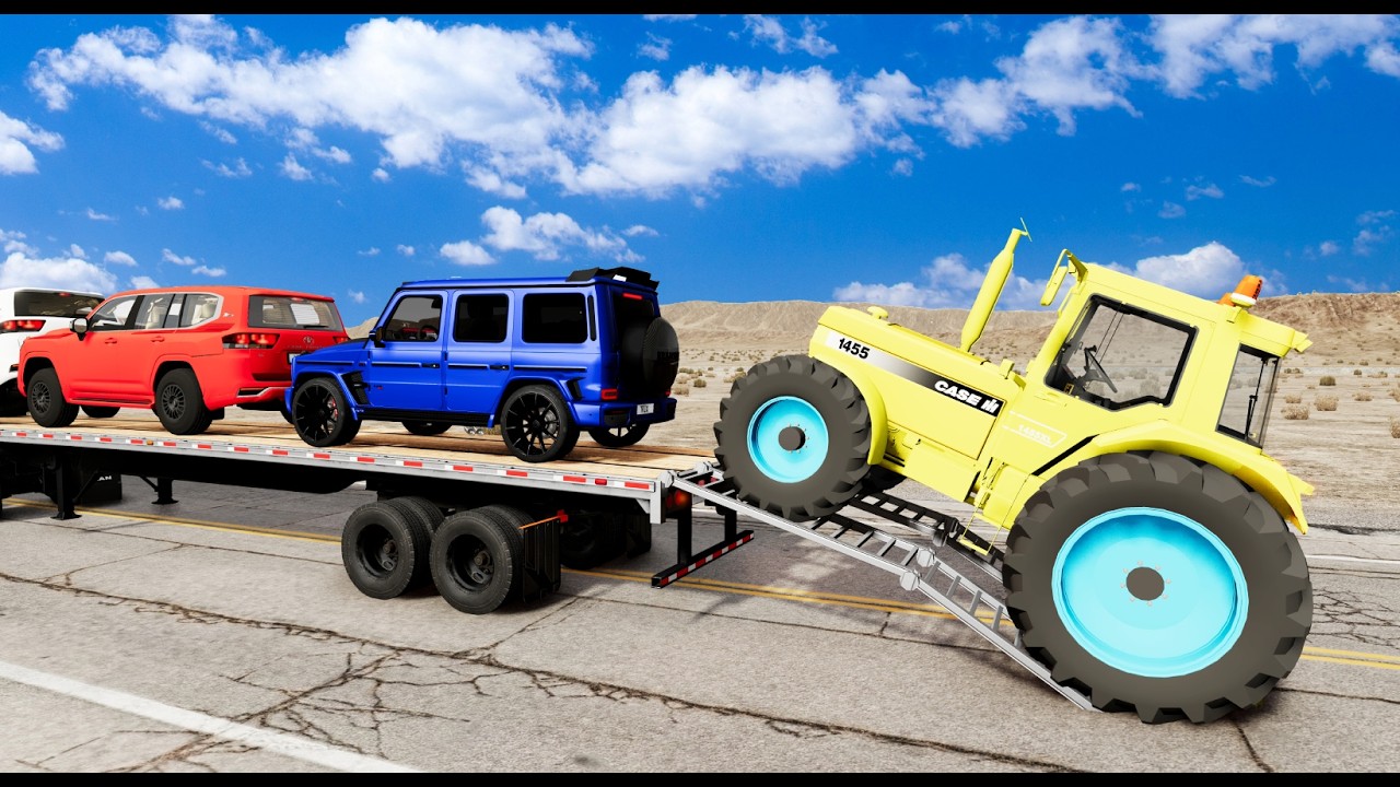 TRANSPORTING PIXAR CARS & FRUITS WITH COLORED & JOHN DEERE vs CLAAS vs TRACTORS - BeamNG.drive